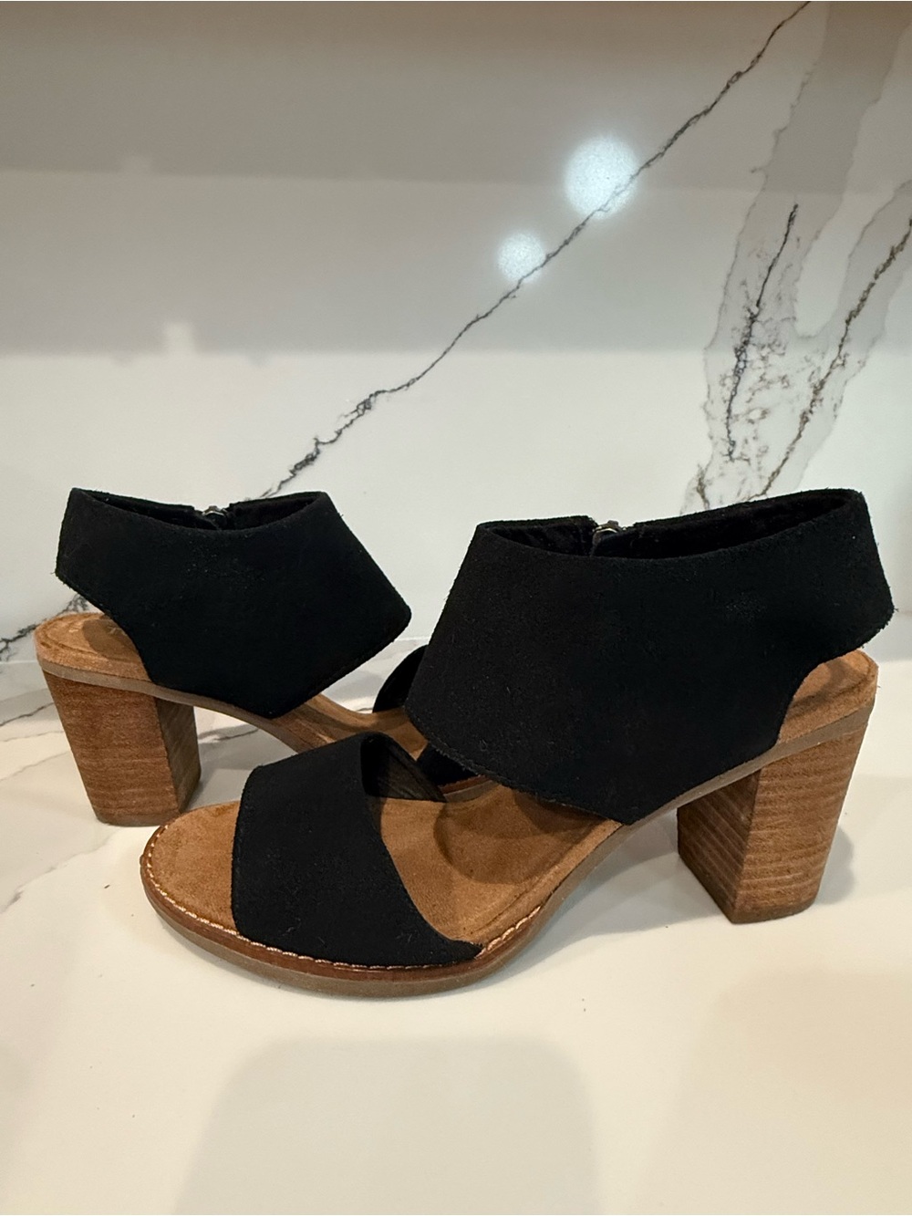 Toms Black Suede Open-Toe Block Heel Sandals
